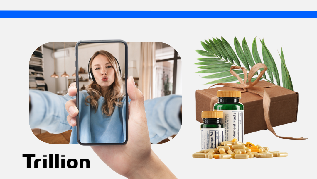 Social Media Affiliate Marketer taking a selfie with supplement products in view.