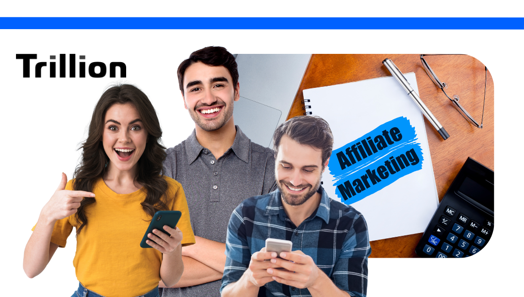 A woman and two men standing together checking their mobile phone and promoting affiliate marketing.