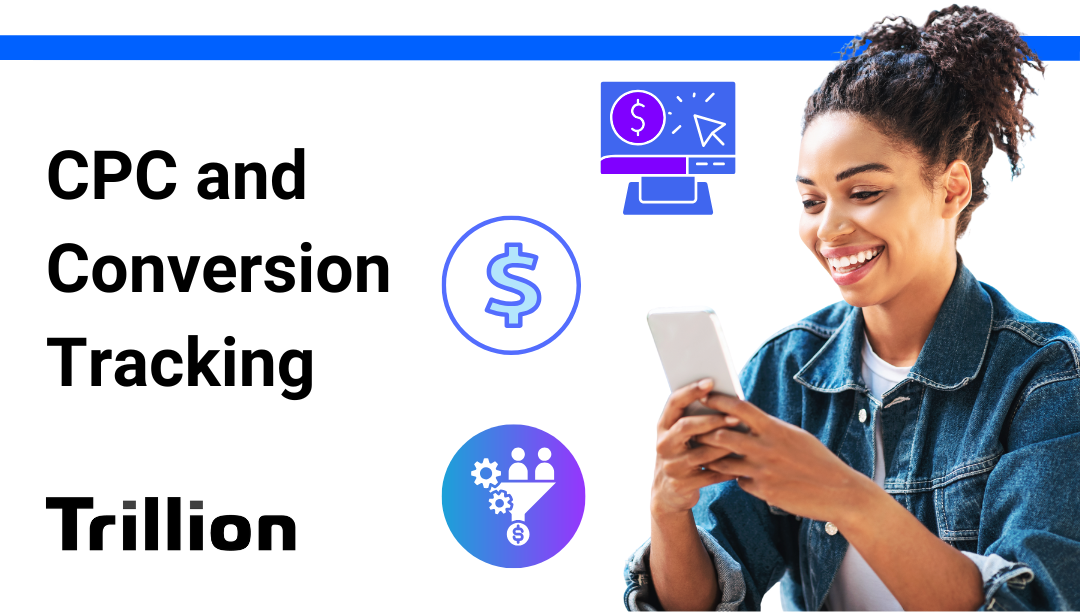 woman smiling into her phone happy with her CPC conversion tracking